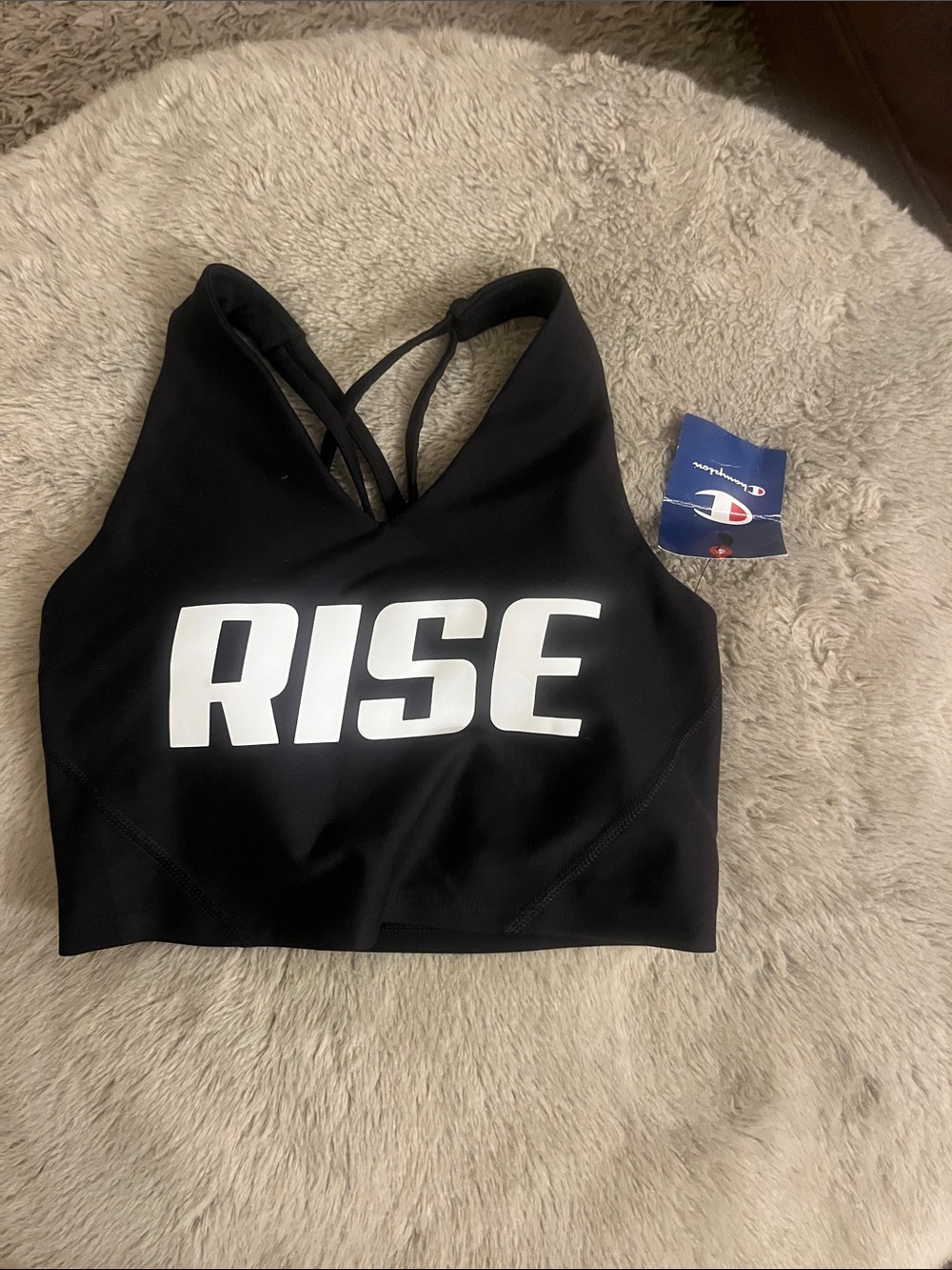 Champion Black workout Crop Top with White RISE Graphic
